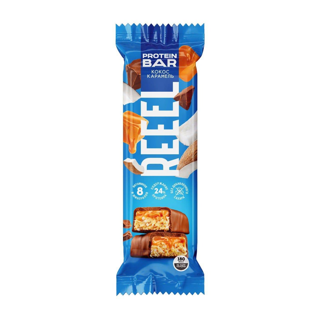 REEEL Three-Layer Protein Bar with coconut and caramel flavor